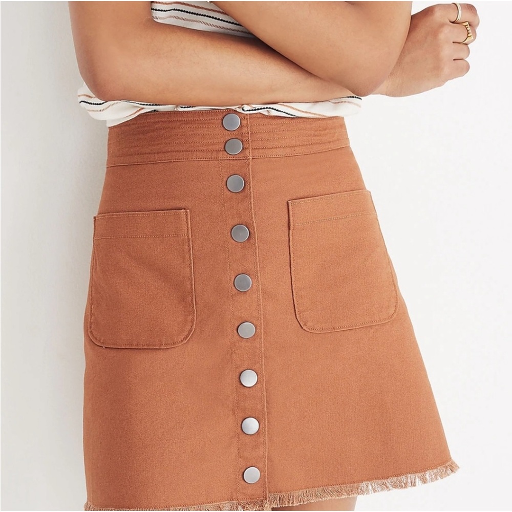 Madewell Snap Front Mini Skirt High Waisted Rust Brown Orange Raw Hem Size 4